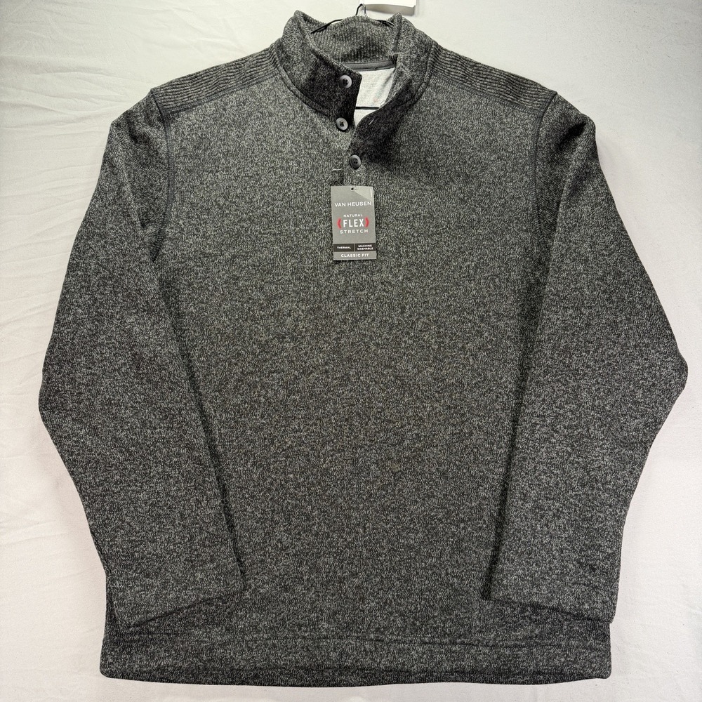 Van Heusen Sweater Mens Large Heather Gray Quarter Button Pullover Knit NWT